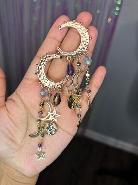 Gold-Tone Celestial Moon & Star Dangle Earrings W/ Iridescent Beads Boho Magical